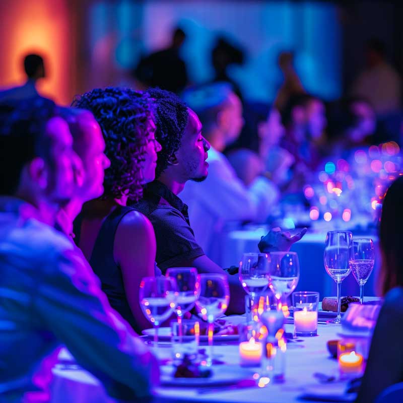 a photo of people mingling at a corporate trivia night